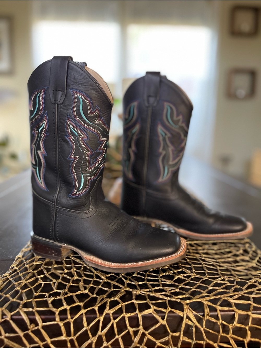 Shyanne Girls Western Cowboy Square Toe Boots with Teal & Pink Stitching